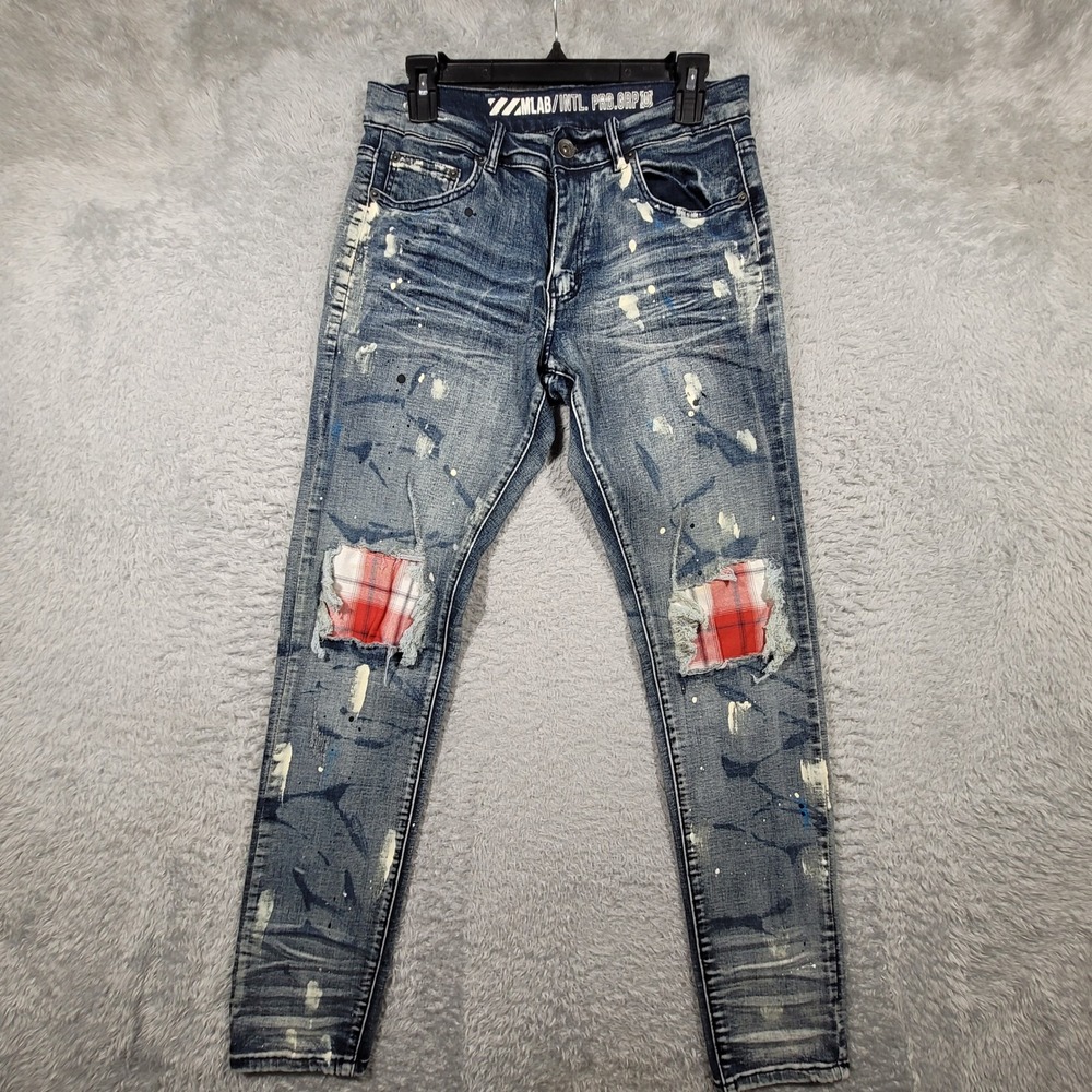 MLAB Intl‎ Pro Grp Jeans Mens 30x32 Blue Paint Splatter Distressed Plaid Patch